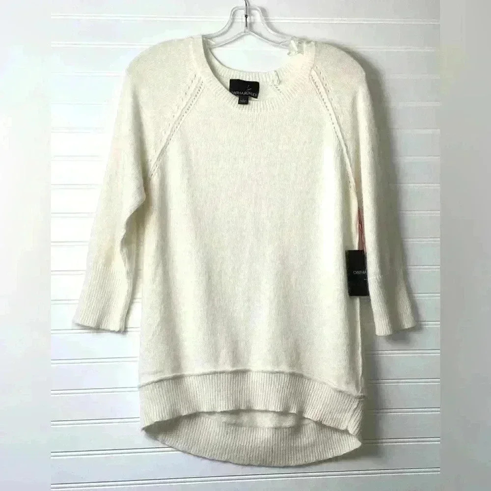 Cynthia Rowley NWT Ivory Angora Nylon Fuzzy Soft 3/4 Sleeve Sweater Size Large